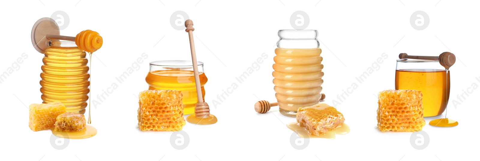 Image of Tasty natural honey on white background, collage. Banner design