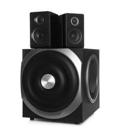 Photo of Modern powerful audio speaker system on white background