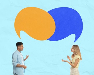 Image of Dialogue. Man and woman with speech bubbles above them on light blue background