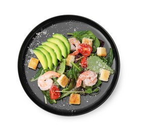 Delicious salad with croutons, avocado and shrimp isolated on white, top view