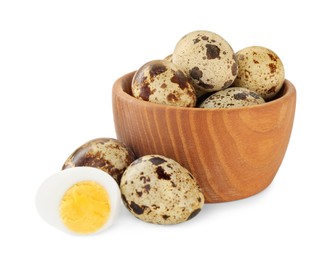 Photo of Unpeeled and peeled hard boiled quail eggs in bowl on white background