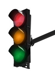 Traffic signal with three lights isolated on white