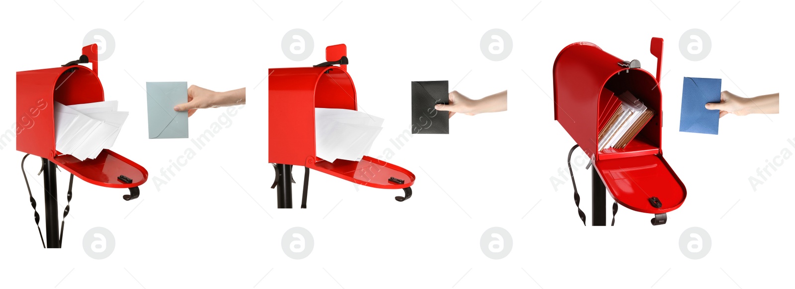 Image of Collage with photos of women putting envelope in red letter box on white background