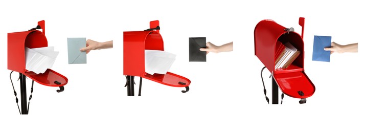 Collage with photos of women putting envelope in red letter box on white background