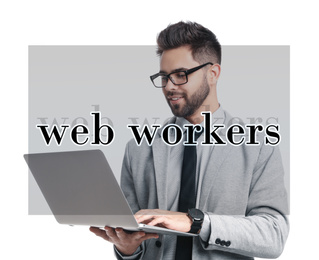 Image of Man working with modern laptop on white background. Web workers