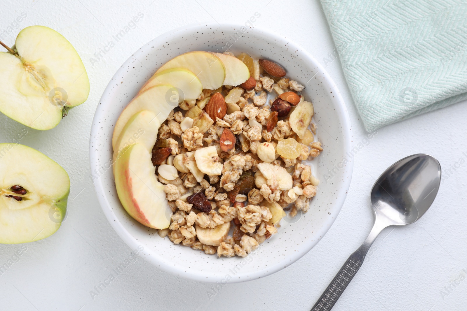 Photo of Flat lay composition with muesli and apples on white wooden table. Healthy breakfast