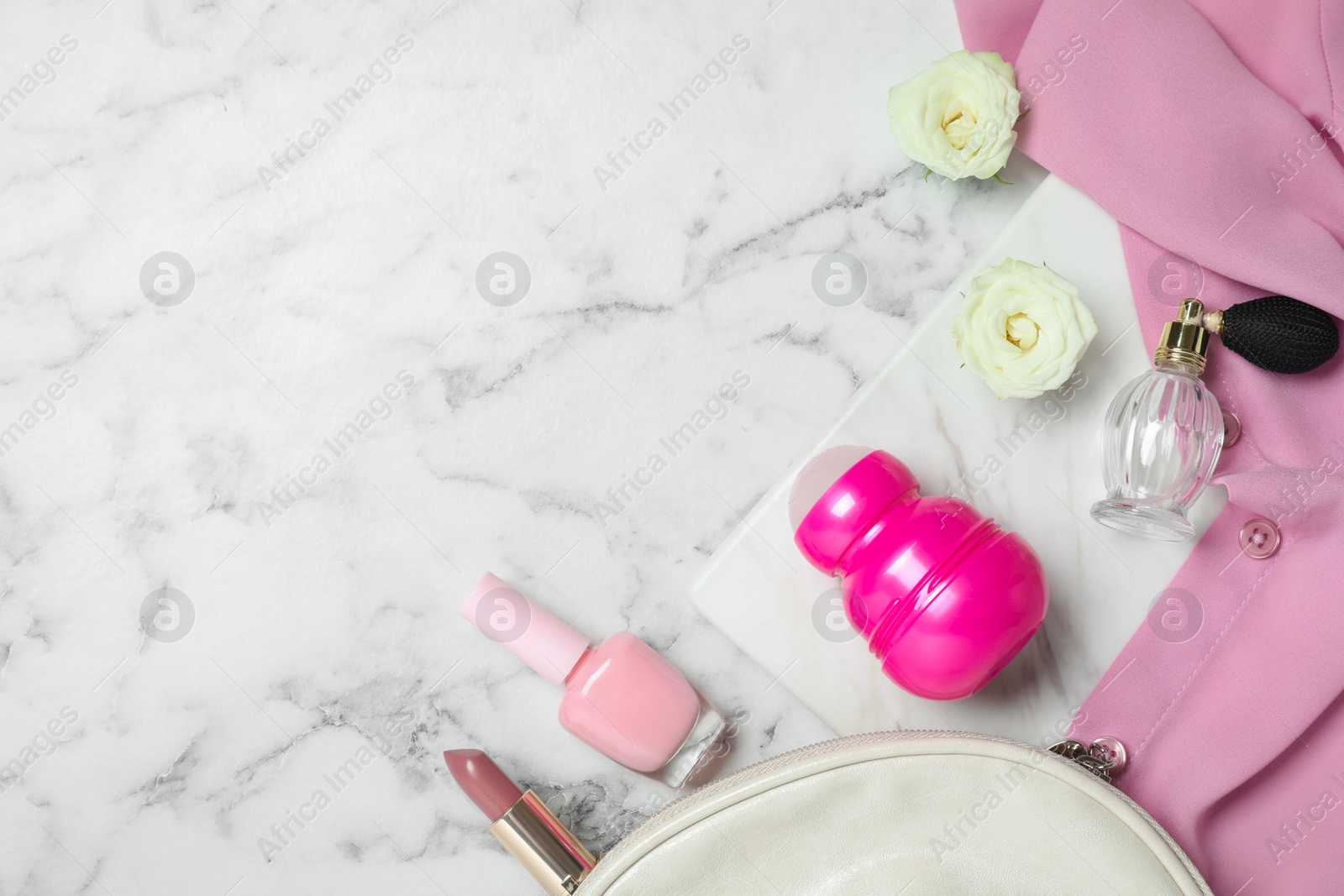 Photo of Flat lay composition with natural deodorant and cosmetics on white marble table, space for text