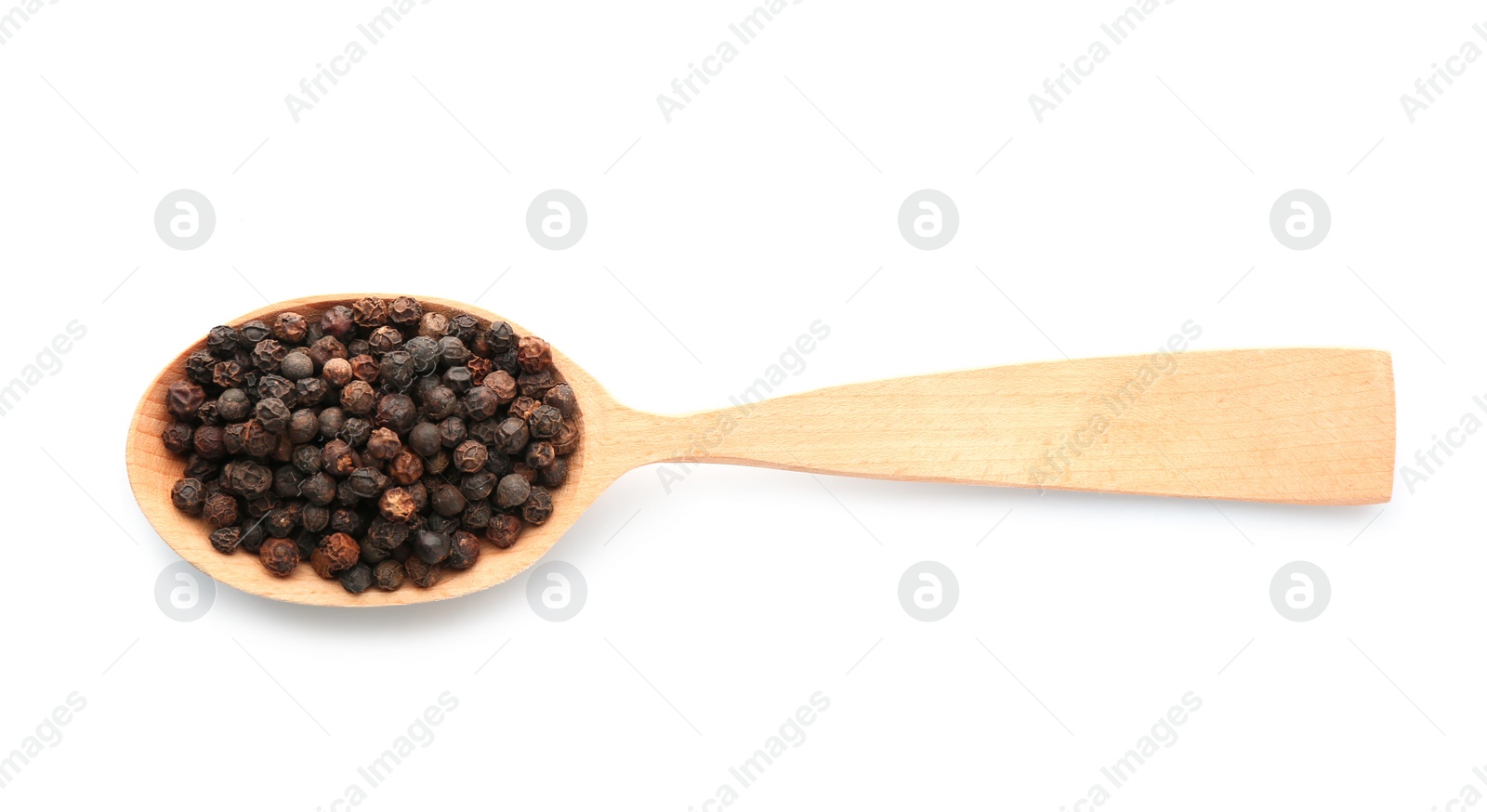 Photo of Wooden spoon with black pepper grains on white background, top view