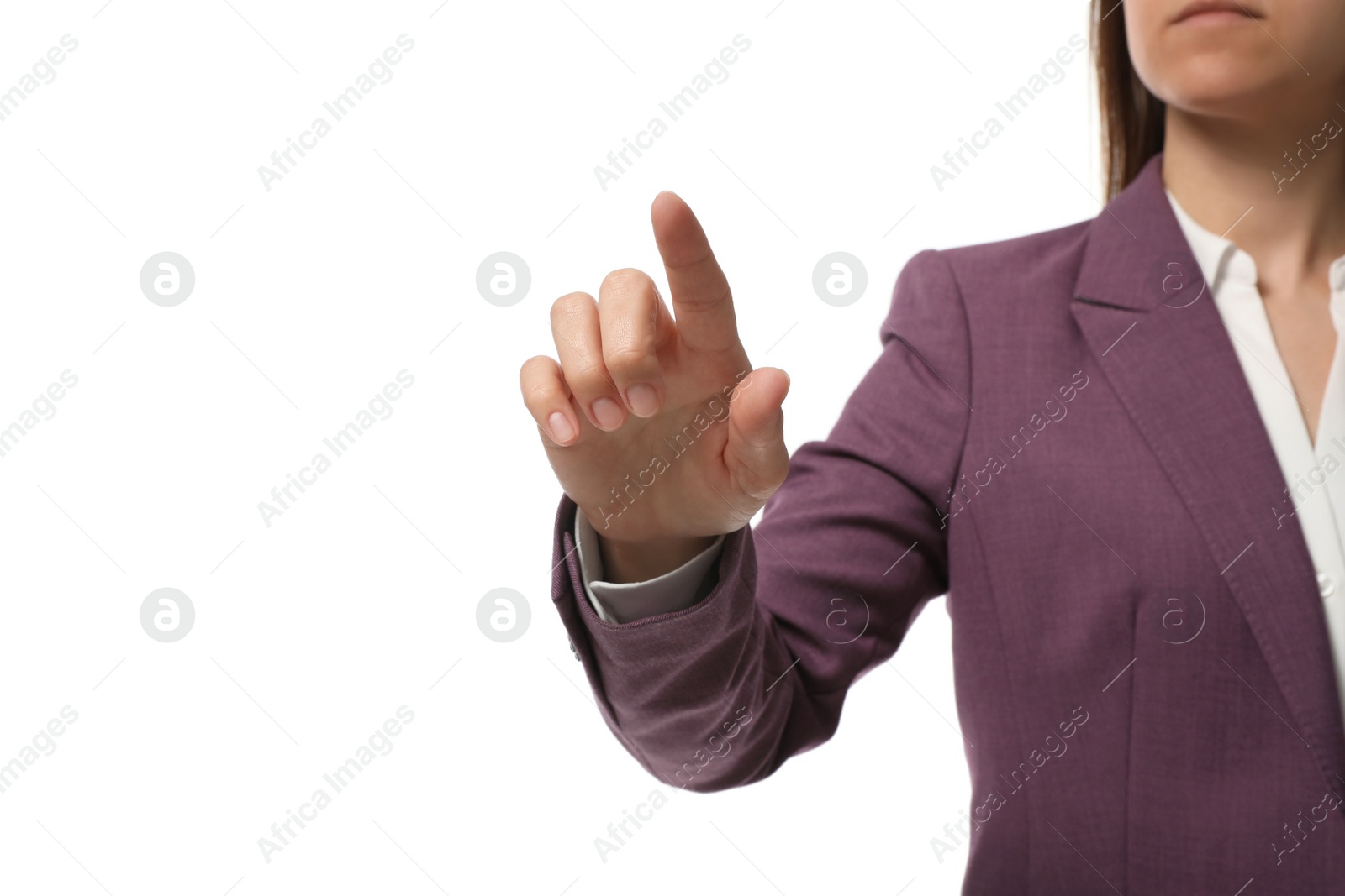 Photo of Businesswoman touching something on white background, closeup