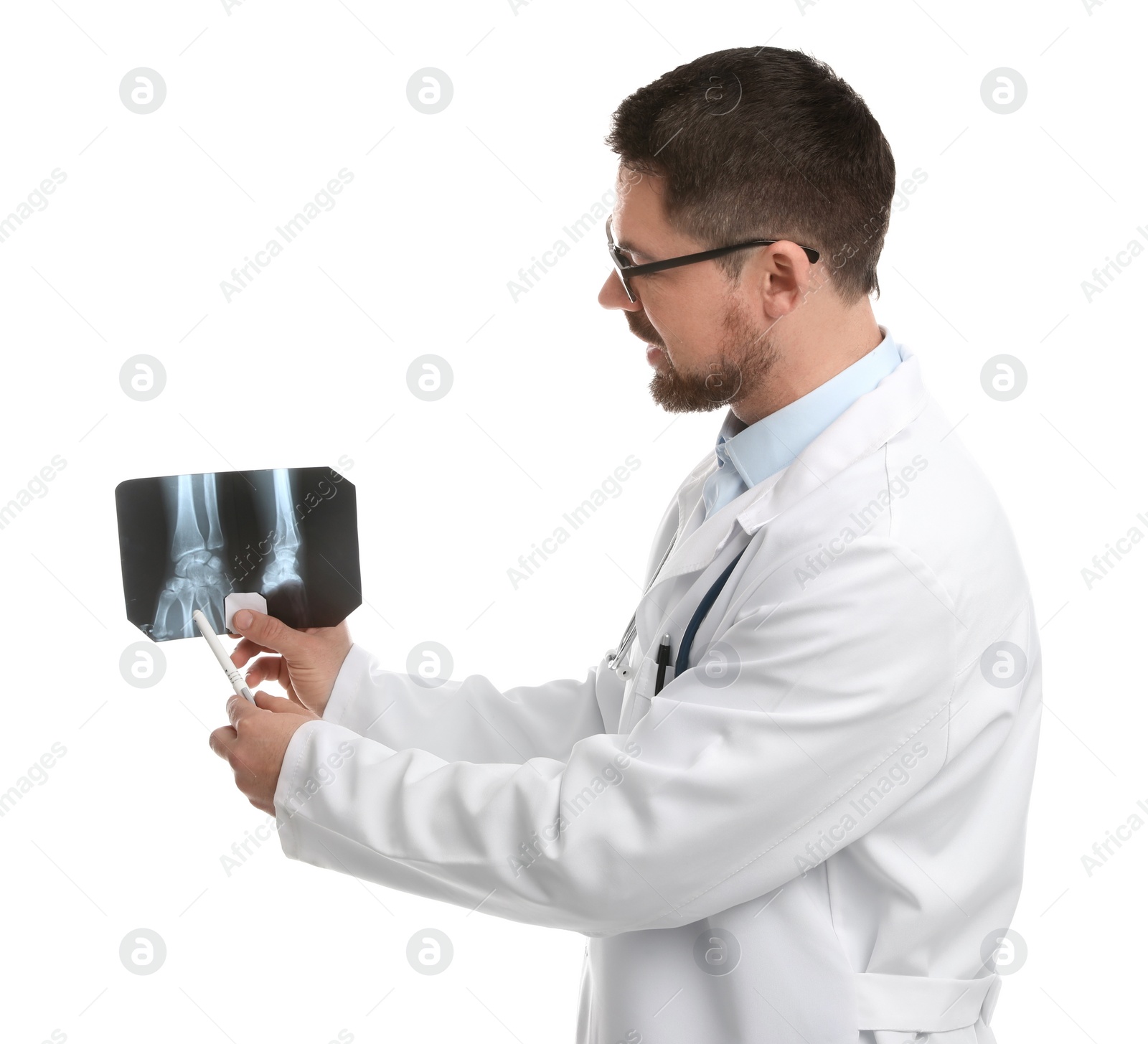 Photo of Orthopedist holding X-ray picture on white background