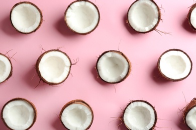 Coconut pattern on color background, flat lay