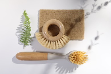 Photo of Cleaning brushes, sponge and fern leaf on white background, flat lay