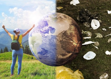 Image of Environmental pollution. Collage divided into clean and contaminated Earth. Globe with woman in mountains on one side and cracked soil with garbage on the other