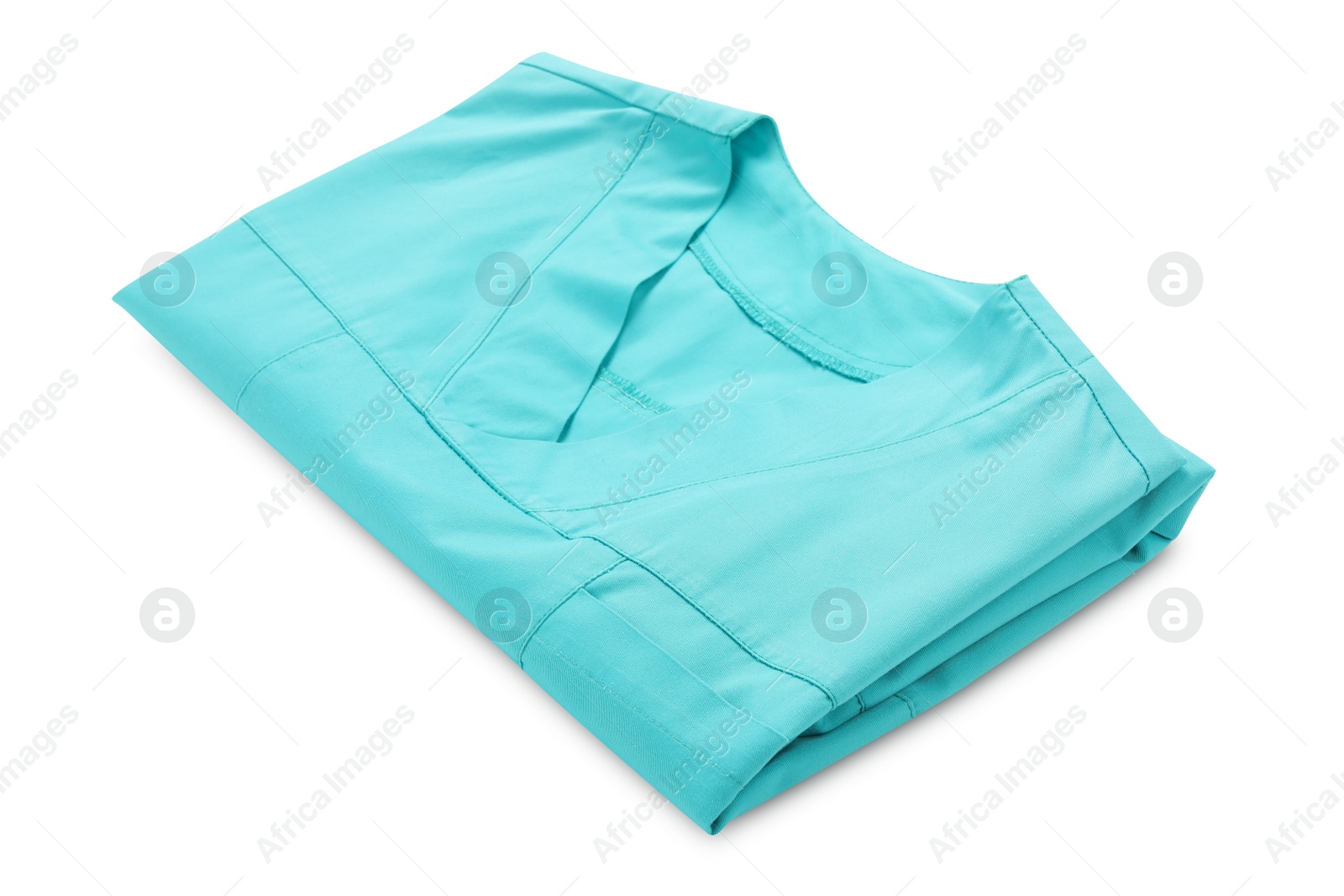 Photo of Clean turquoise medical uniform isolated on white