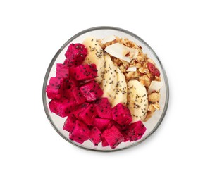 Photo of Bowl of granola with pitahaya and banana isolated on white, top view
