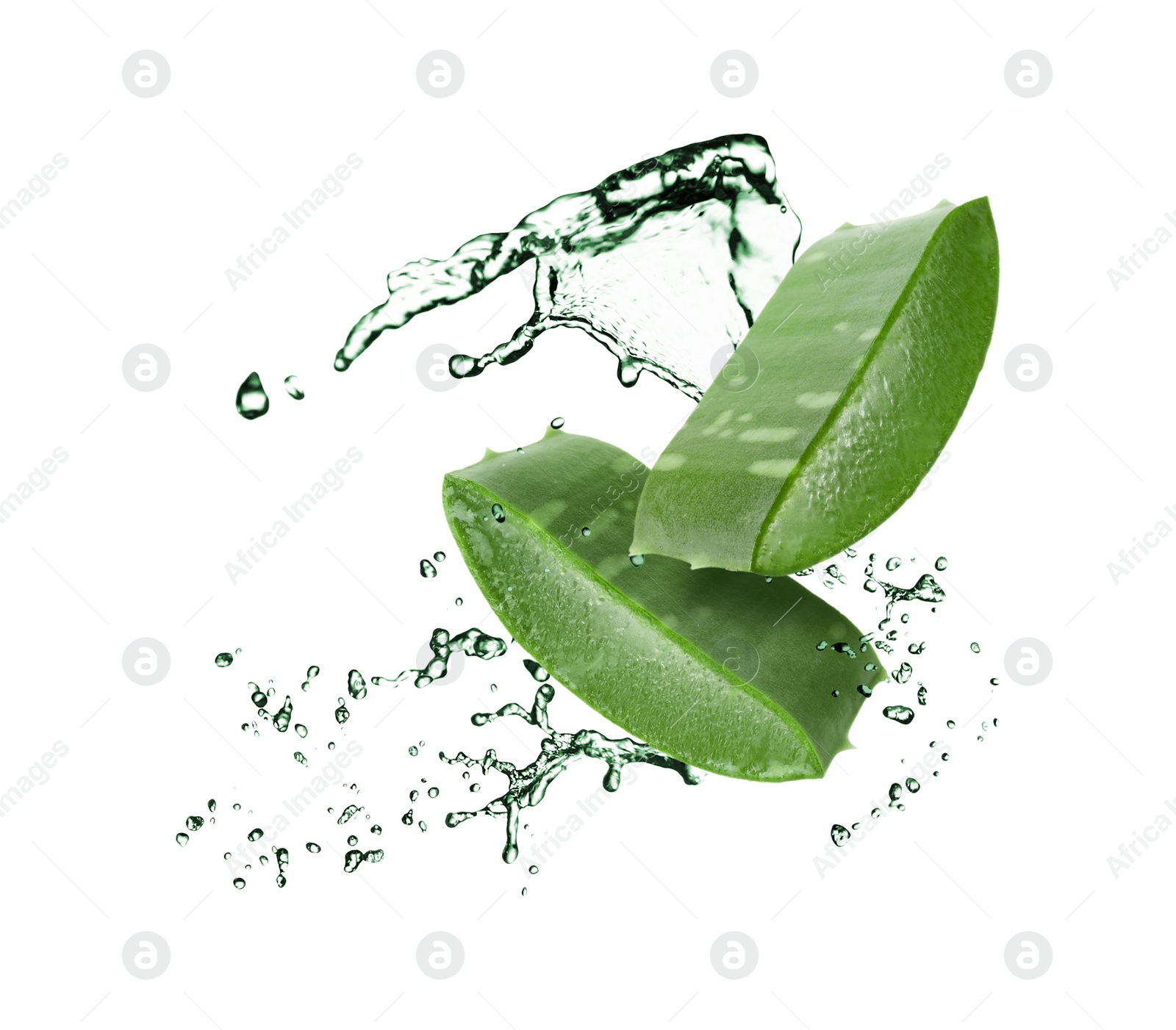 Image of Sliced aloe vera leaf and splashes of juice on white background