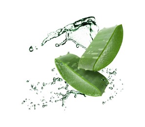 Image of Sliced aloe vera leaf and splashes of juice on white background