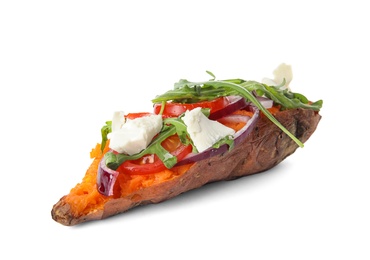 Delicious stuffed sweet potato on white background