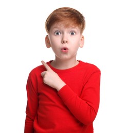 Portrait of surprised little boy on white background