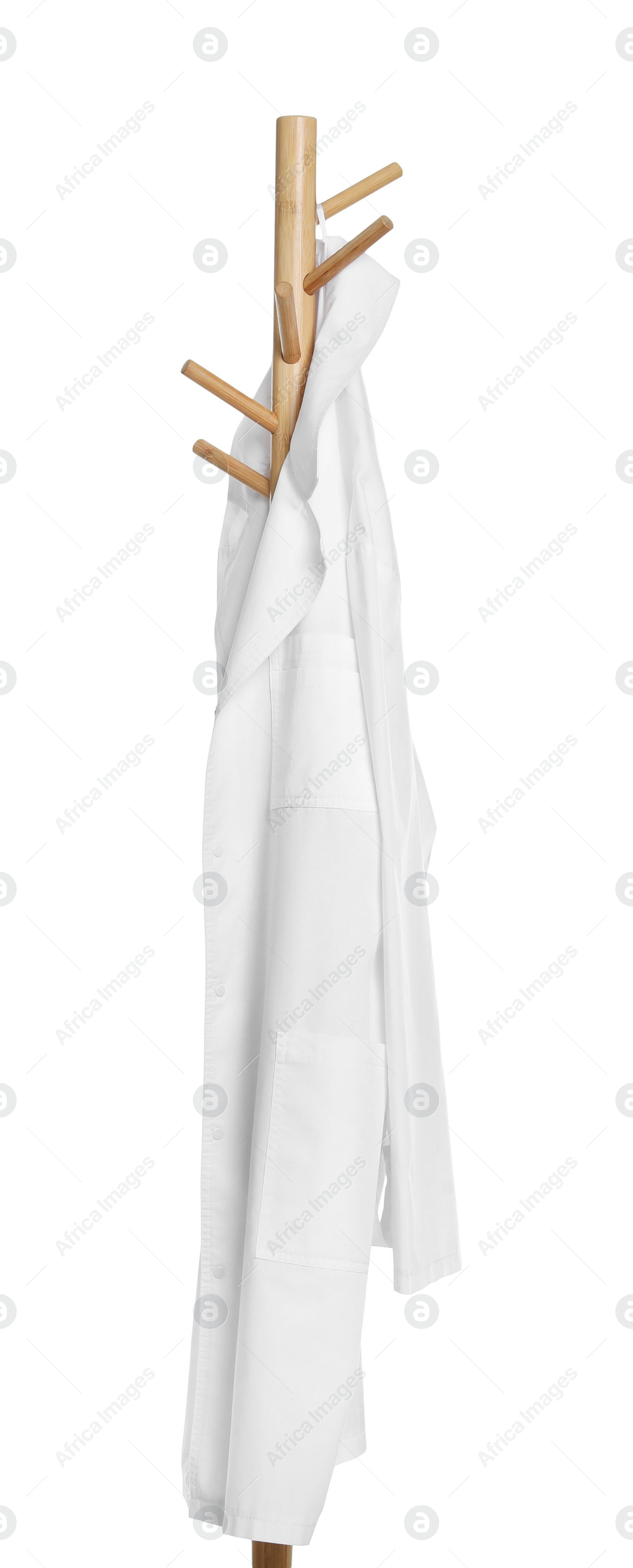 Photo of Doctor's gown on rack against white background. Medical uniform