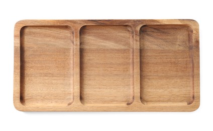 Photo of One wooden serving board isolated on white, top view