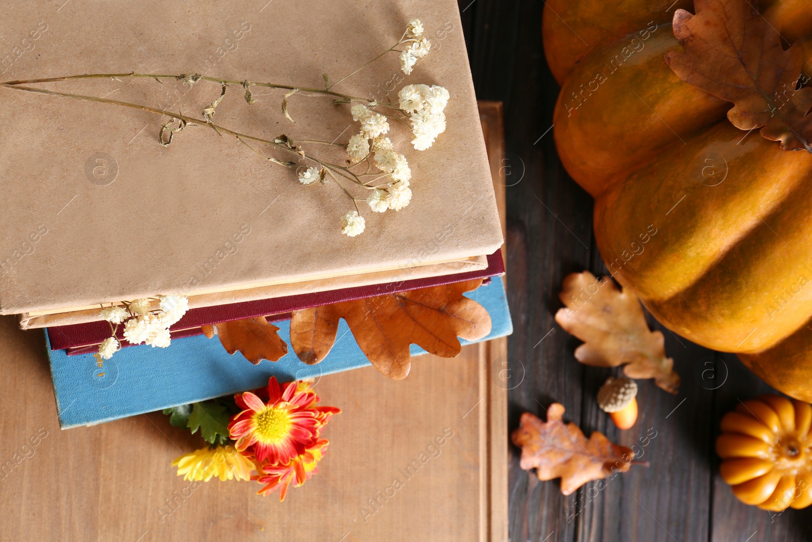 Photo of Stack of books with autumn leaves and flowers as bookmarks on wooden table, flat lay