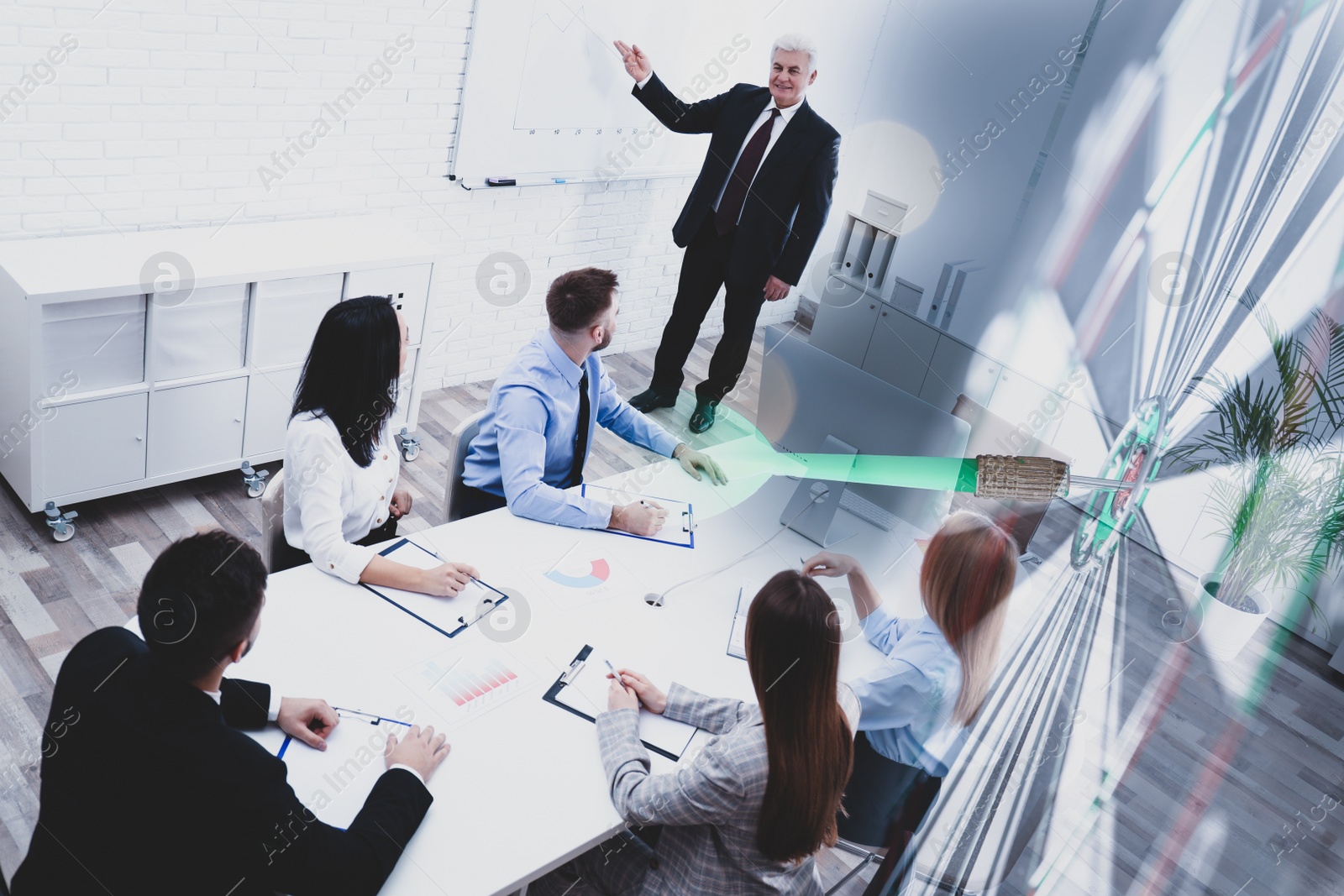 Image of People having business meeting and dart board with arrow. Double exposure