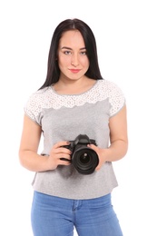 Photo of Female photographer with professional camera on white background
