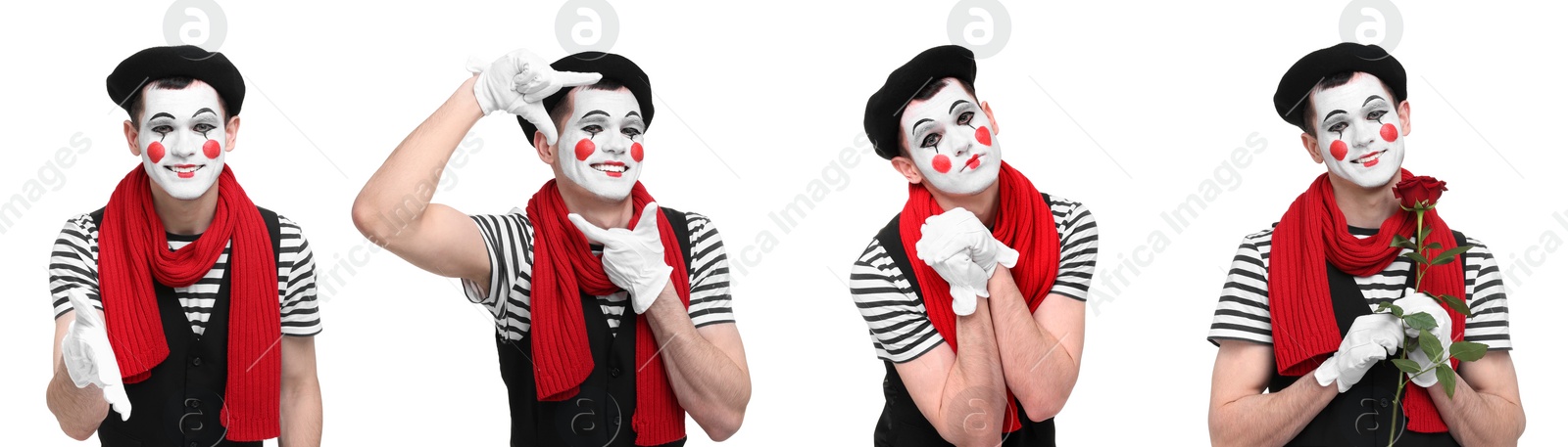 Image of Funny mime posing on white background, set of photos