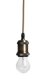 Photo of New incandescent light bulb for lamp on white background