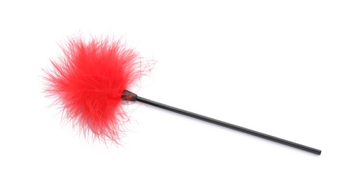 Photo of Red feather tickler on white background, top view. Sex toy
