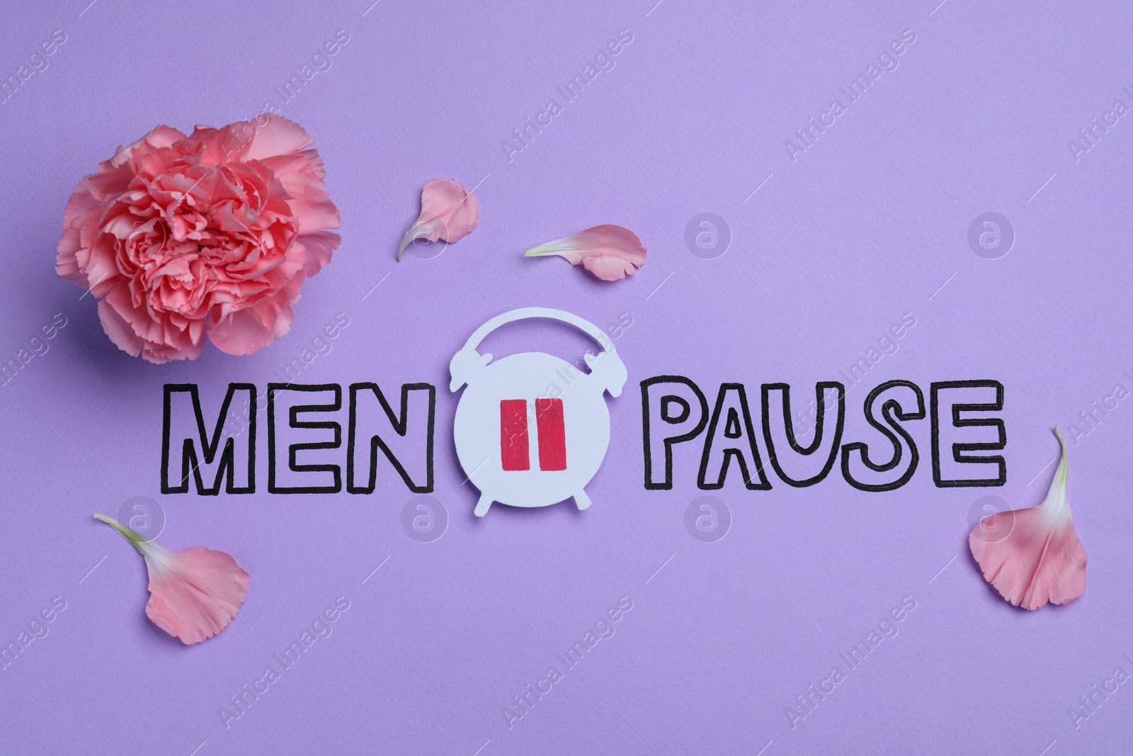 Photo of Word Menopause with paper alarm clock and pink carnation flower on violet background, flat lay