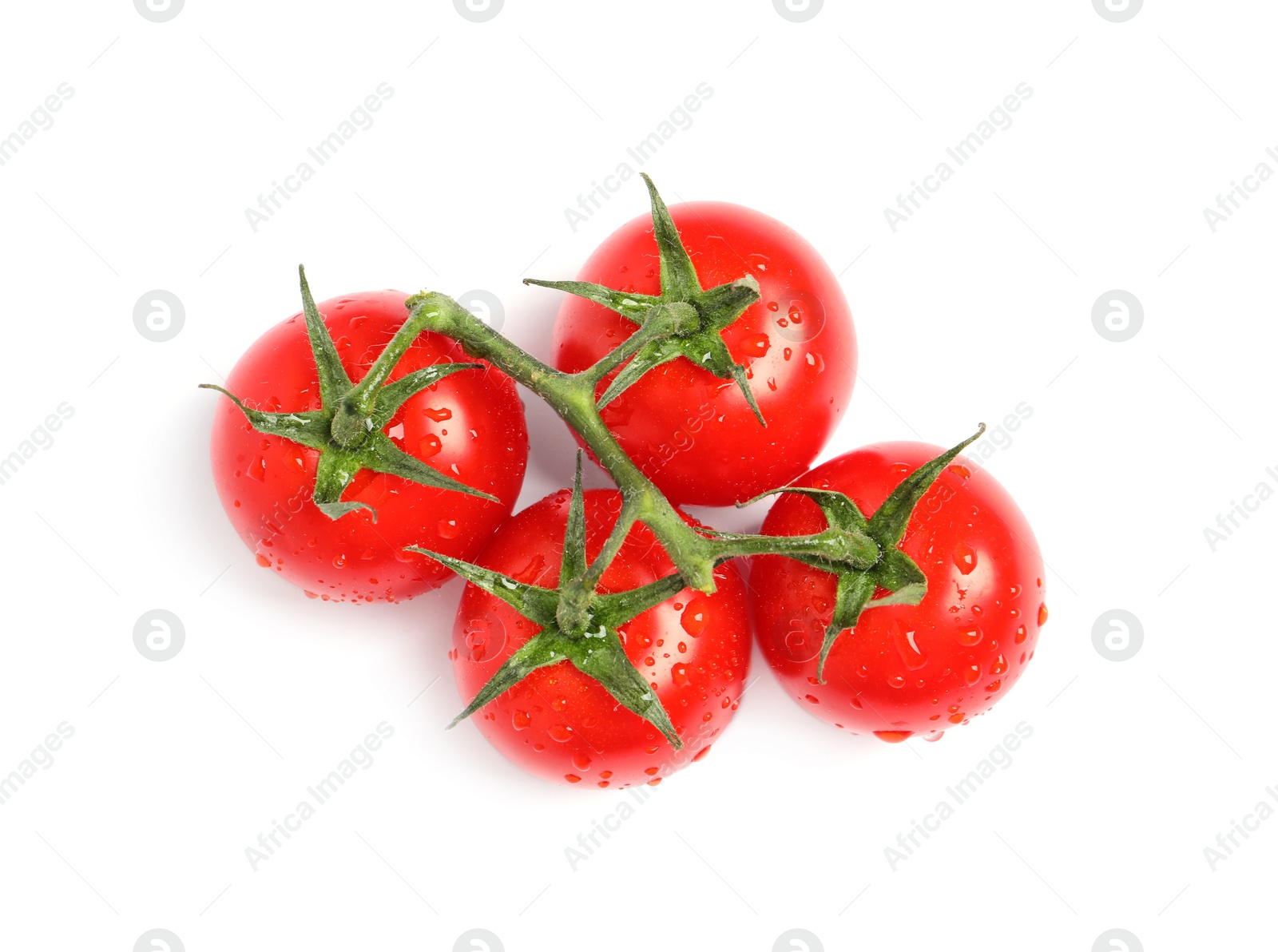 Photo of Branch of fresh cherry tomatoes isolated on white