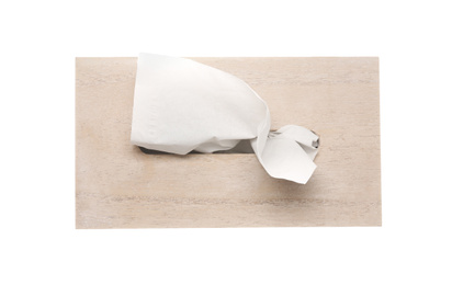 Photo of Holder with paper tissues isolated on white, top view