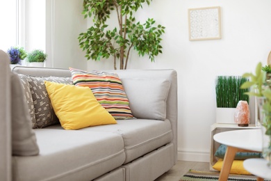 Interior of modern living room with pillows on sofa