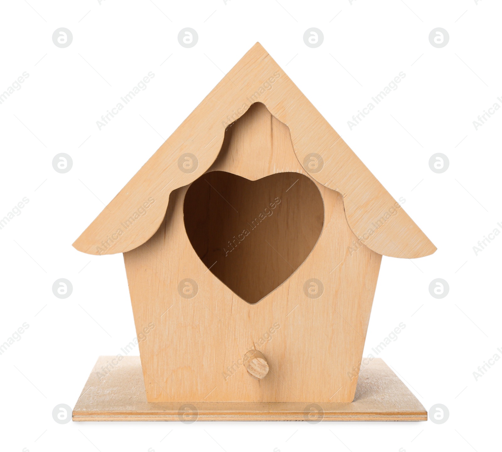 Photo of Beautiful bird house with heart shaped hole isolated on white