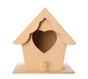 Photo of Beautiful bird house with heart shaped hole isolated on white