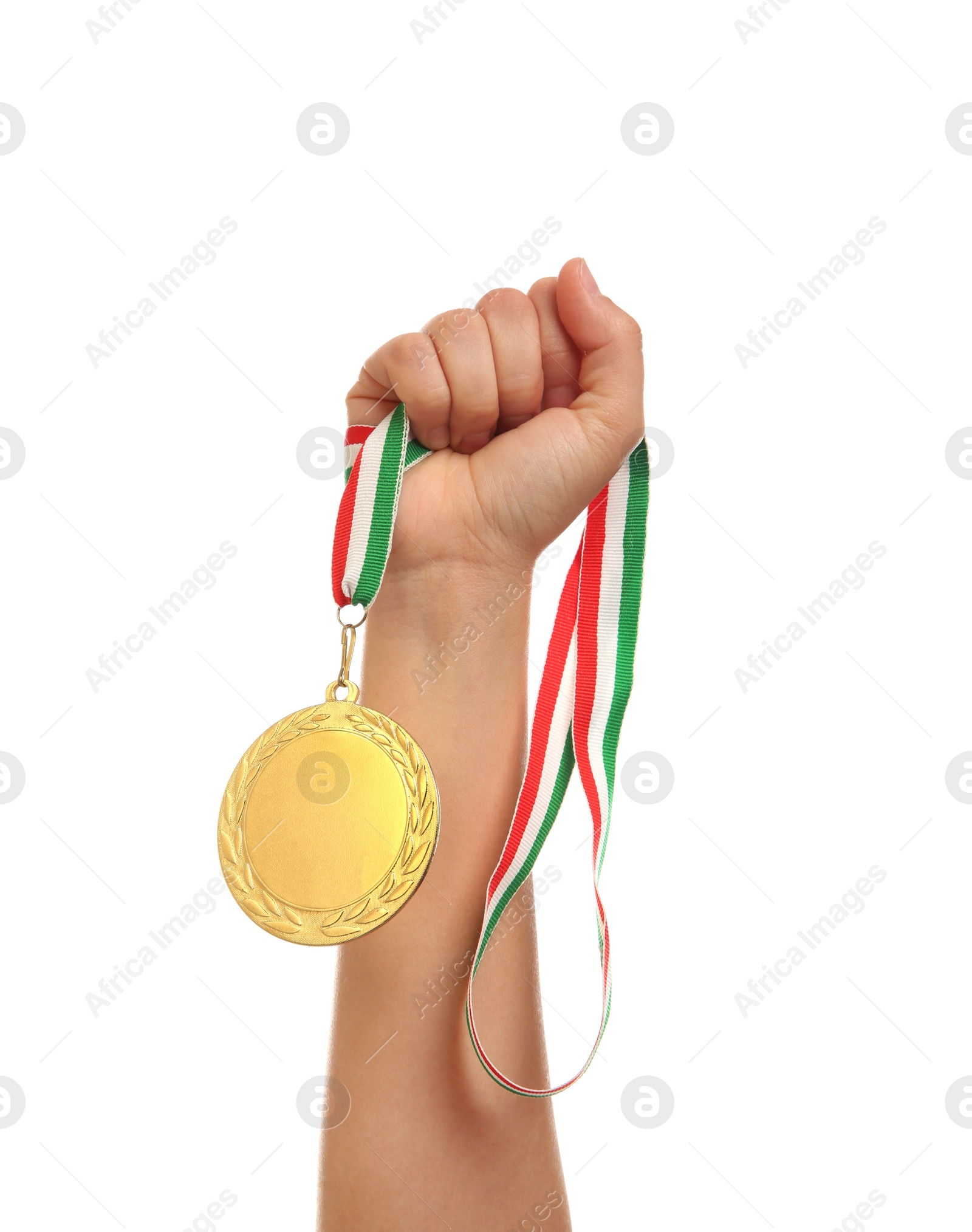 Photo of Woman holding gold medal on white background, closeup