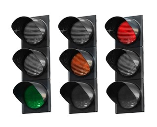 Collage of traffic signal with different glowing lights (red, orange, green) isolated on white