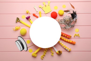 Photo of Flat lay composition with carnival items and blank card on pink wooden background. Space for text
