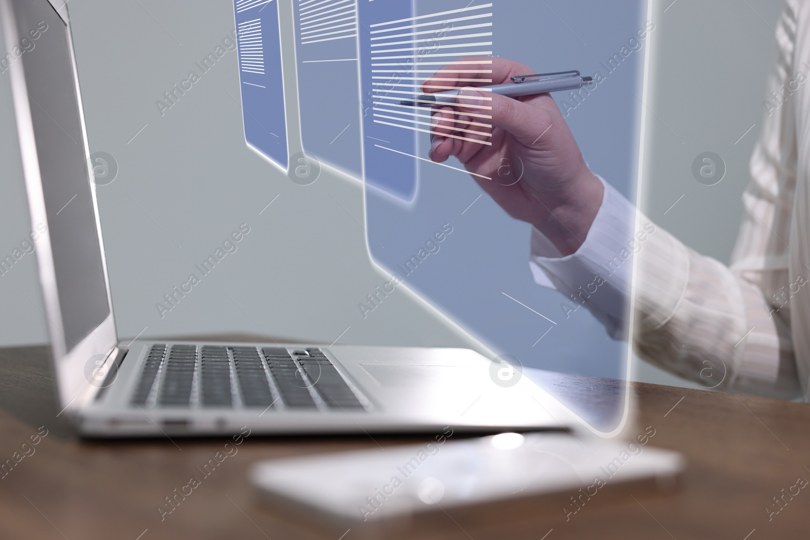 Image of Concept of electronic signature. Woman working on laptop at table indoors, closeup