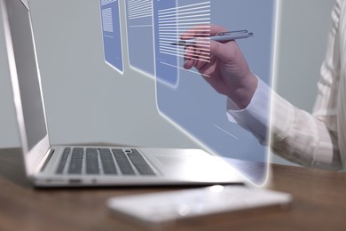 Image of Concept of electronic signature. Woman working on laptop at table indoors, closeup