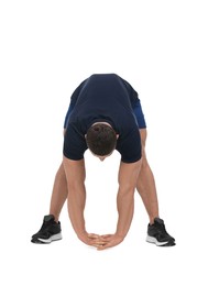 Man doing stretching on white background. Morning exercise