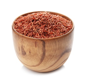 Bowl with uncooked red rice on white background