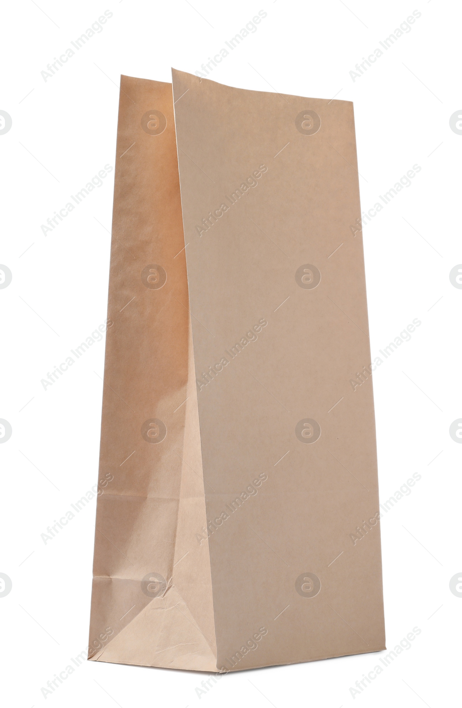 Photo of Open kraft paper bag isolated on white