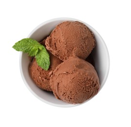 Photo of Bowl with tasty chocolate ice cream and mint leaves isolated on white, top view