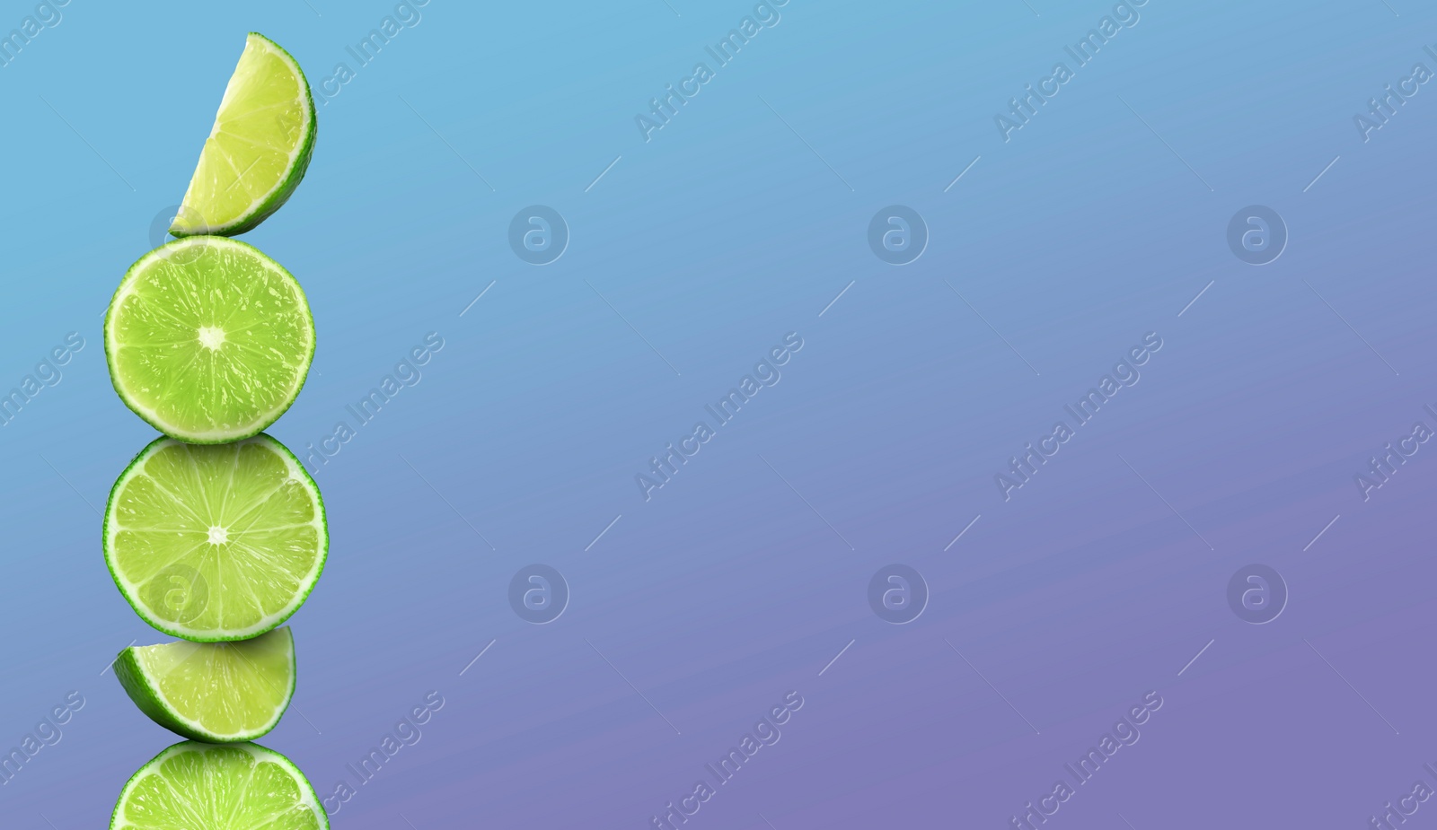 Image of Stacked cut limes on color background, space for text