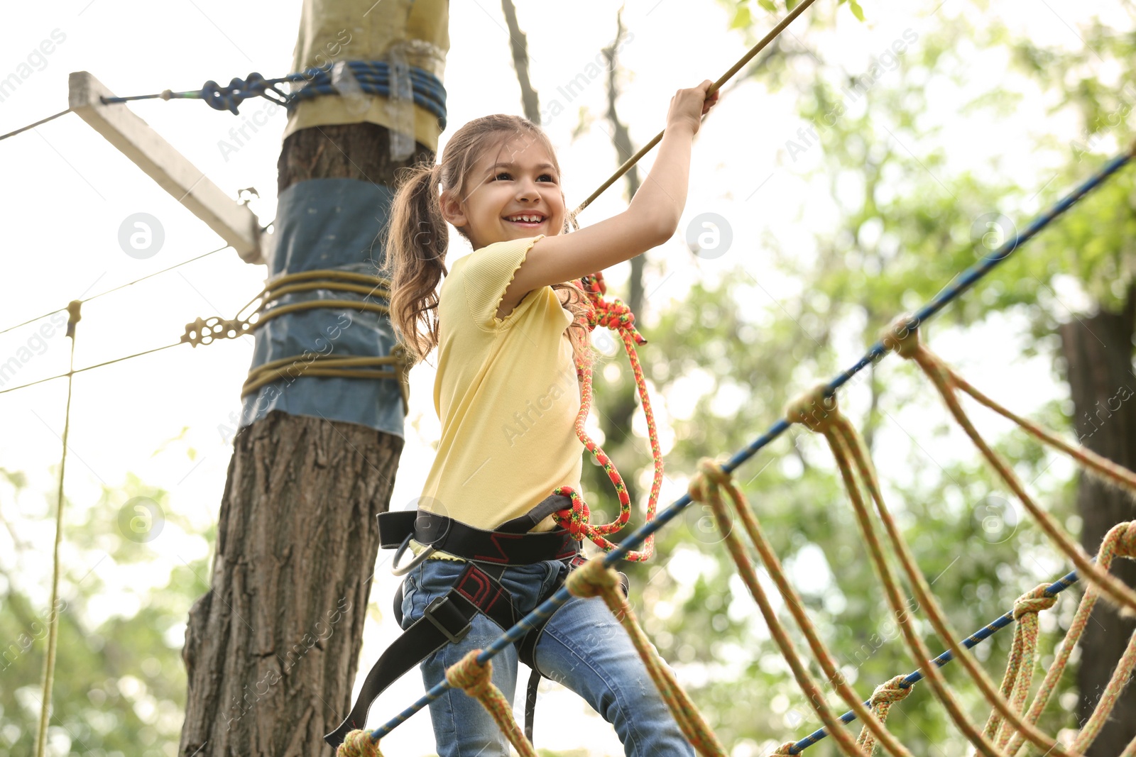 Photo of Little girl climbing in adventure park. Summer camp