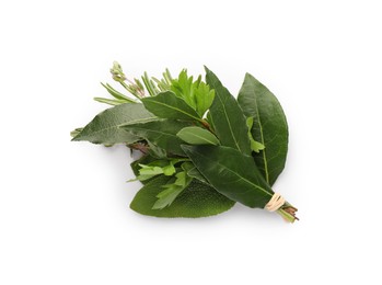 Photo of Bundle of aromatic bay leaves and different herbs isolated on white, top view