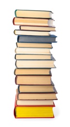 Stack of hardcover books on white background